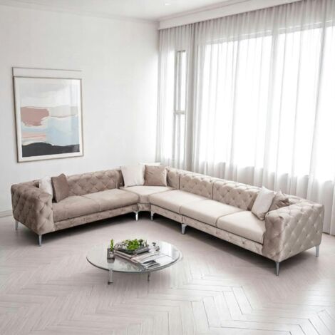 Canapé d'angle beige en velours capitonné - côté gauche DOVER (1/5)