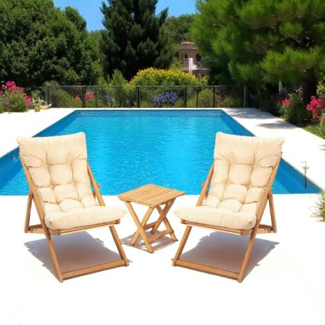 Salon jardin détente 2 places beige - bois et toile SORA (1/5)