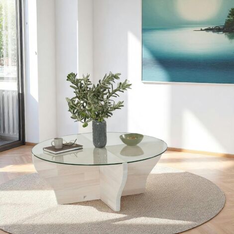 Table basse blanche en verre et bois - pied en X, ANZIO (1/5)