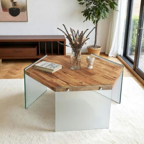 Table basse en bois clair et verre - forme hexagone LHASA (1/5)