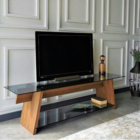 Meuble TV en bois brun et verre fumé - forme trapèze LHASA (1/5)