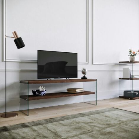 Meuble TV en bois brun et verre - 2 niveaux LHASA (1/5)