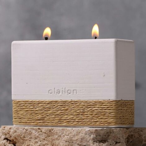 Bougie parfumée blanche 2 mèches – socle corde tressée (1/3)