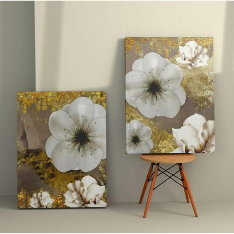 Tableau fleurs blanches – fond taupe et or (set de 2) (1/3)