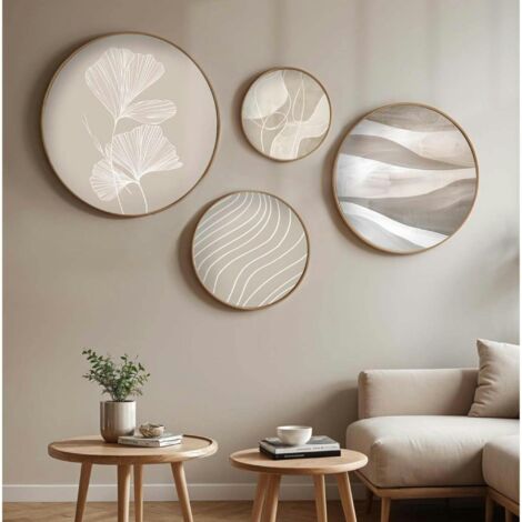 Pier Import – Tableau rond zen beige et bois – set de 4 – Ø 45/36/27/18 cm – bois pin et MDF – décoration intérieure élégante