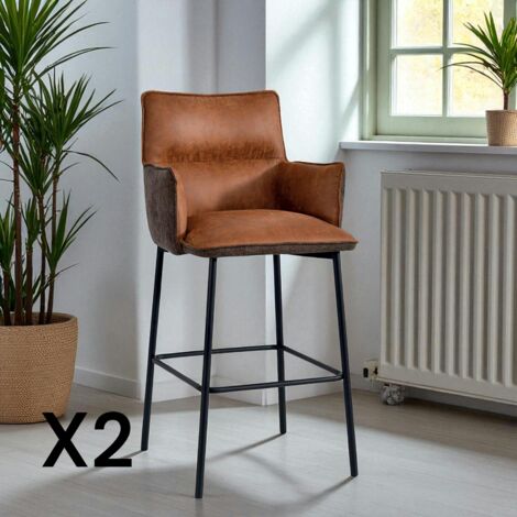 Tabouret bar bi-matière marron avec dossier (lot de 2) KERALA (1/5)