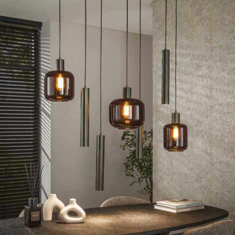 Suspension verre & métal – globes bruns + tubes bronze NOVA (1/5)