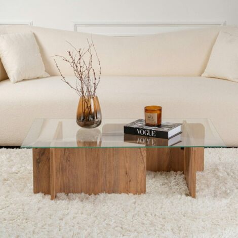 Table basse en verre déstructurée – base effet bois SALTA (1/5)
