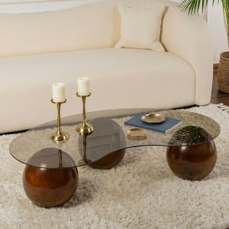 Pier Import – Table basse fixe en verre trempé ambré – 3 pieds en polyuréthane boules marrons – Longueur 120 cm, Largeur 70 cm, Hauteur 30 cm (1/5)