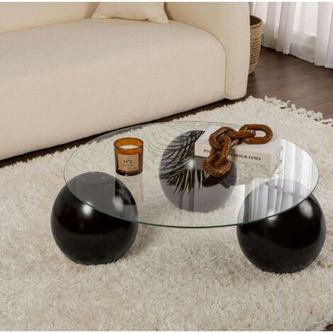 Table basse ronde en verre – 3 pieds boules noirs KOCHI (1/5)
