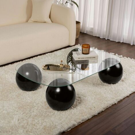 Table basse verre bords arrondis - 4 pieds boules noirs KOCHI (1/5)