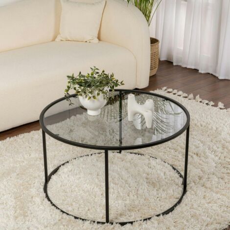Table basse ronde verre fumé – cadre noir ⌀80 cm TULUM (1/5)