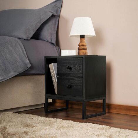 Table de nuit noire effet bois - 2 tiroirs, 1 niche JENA (1/5)
