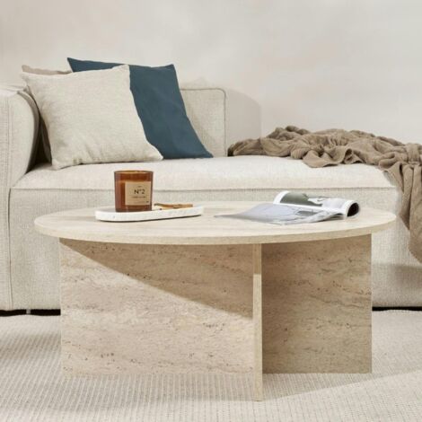 Pier Import – Table basse ronde minimaliste effet travertin – Dimensions 90x90cm – Hauteur 40cm – Structure MDF mélaminé – Design moderne