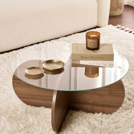Pier Import – Table basse fixe en verre trempé – Pied en croix effet noyer – Dimensions 75x75x35cm – Meuble à assembler pour intérieur contemporain (1/5)