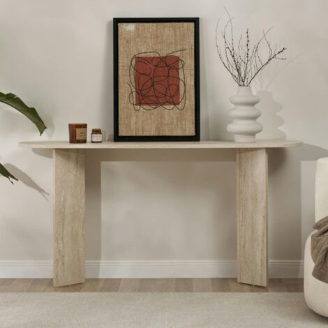 Pier Import – Console de salon ovale effet travertin – pieds en V – MDF mélaminé facile d'entretien – dimensions 150x35x75cm
