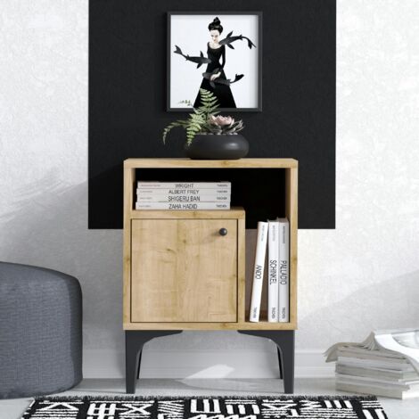 Table de nuit avec rangement effet chêne - 1 porte 1 niche JENA (1/5)