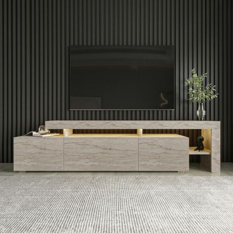 Pier Import – Meuble TV effet travertin – 3 portes et niches – Bois MDF mélaminé – Dimensions 192x37x53 cm – Éclairage LED inclus (1/5)