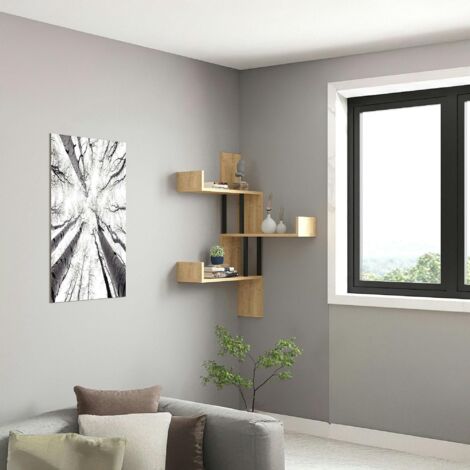 Étagère murale d’angle effet bois clair - 3 plateaux JENA (1/4)