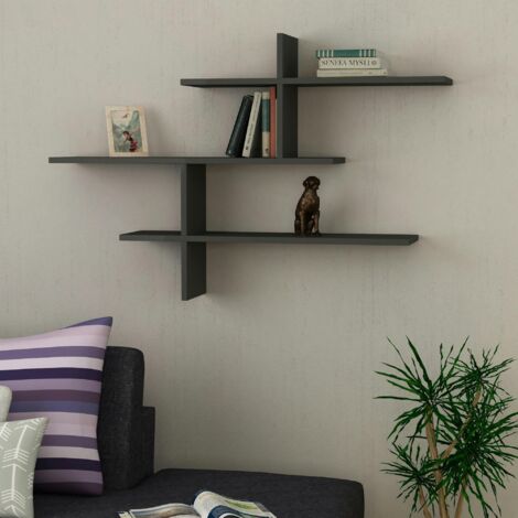Étagère murale design effet bois gris - 3 plateaux croisés MARFA (1/5)