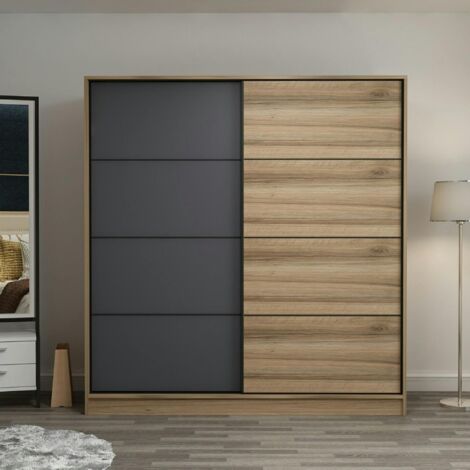 Armoire penderie moderne effet bois et gris L.180 cm BYRON (1/5)