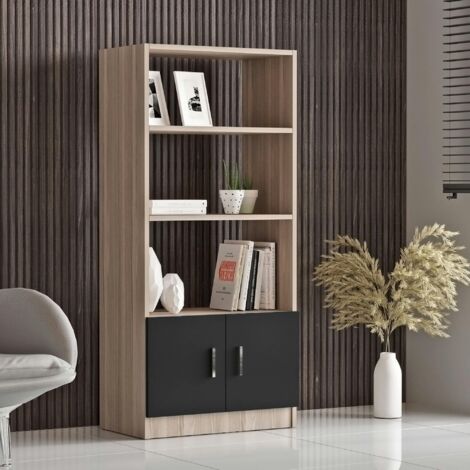 Bibliothèque moderne effet bois avec portes noires MARFA (1/5)