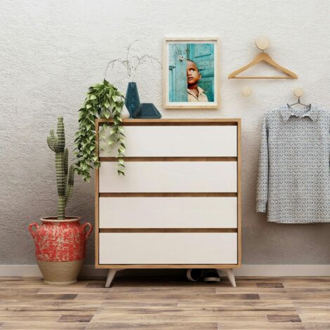 Commode moderne effet chêne 4 tiroirs blancs BYRON (1/5)