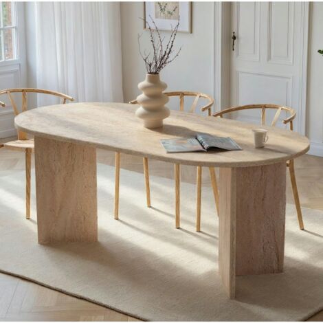 Pier Import – Table à manger moderne effet travertin 180 cm – Pieds en V – Largeur 90 cm – Hauteur 75 cm – MDF mélaminé résistant aux rayures