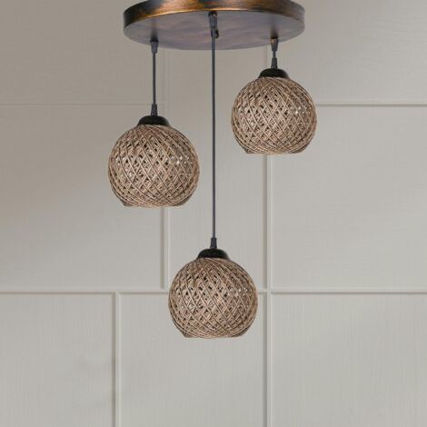 Suspension moderne 3 abat-jour tressés finition bronze AROSA (1/2)