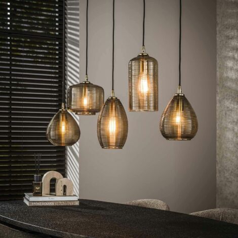 Suspension de table en verre brun 5 lampes striées NOVA (1/5)