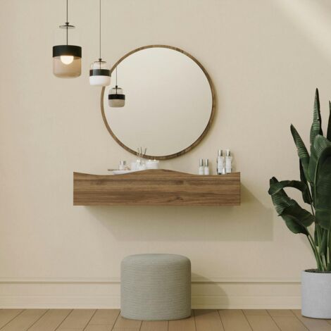 Coiffeuse murale effet bois foncé avec miroir, 2 tiroirs MARFA