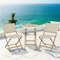 Salon de jardin table ronde + 2 chaises résine blanche tressée motifs beiges BISTROT