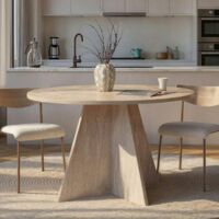 Pier Import – Table à manger ronde effet travertin Ø120 cm – Hauteur 75 cm – MDF mélaminé décoré – Meuble à monter – Poids 38 kg