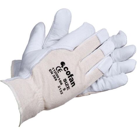 COFAN guante piel vacuno dorso descub. t-10   caja 12 unid. , Guantes mixtos de flor de vacuno y dorso de punto de algodón UNE-EN 20388. Estos guantes se caracterizan por ser muy t