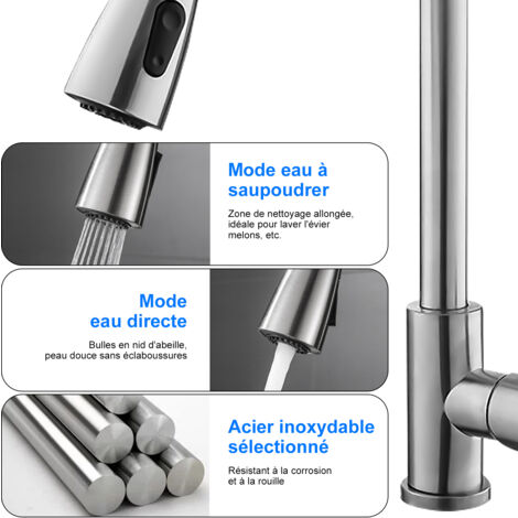 Grifo de Cocina con Ducha Extraíble Mezclador de Cocina, SDLOGAL, Giratorio 360°, con Ducha Extraíble y Ducha Doble Función, Disponible Frío y Caliente, Acero Inoxidable -Plata