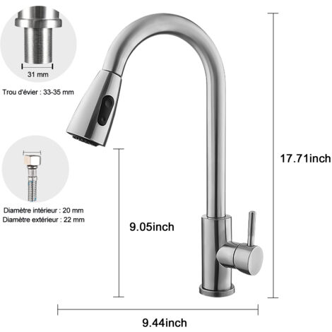 Grifo de Cocina con Ducha Extraíble Mezclador de Cocina, SDLOGAL, Giratorio 360°, con Ducha Extraíble y Ducha Doble Función, Disponible Frío y Caliente, Acero Inoxidable -Plata