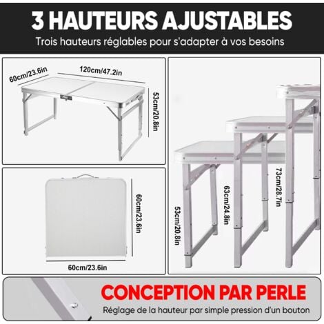 Table Pliante, Ultrixe Tables de Pique-Nique - portable Table de Jardin adaptée au Camping, à la Plage, aux fêtes, etc - 120 x 60 x 73 cm, hauteur réglable, Table Exterieur avec poignée de transport, 