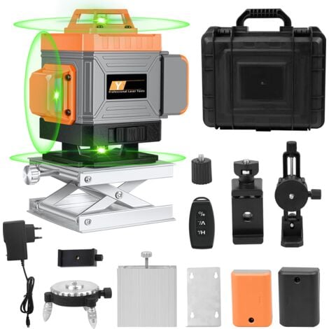 Niveau Laser Vert 4x360°, Ultrixe, 16 lignes 4D Laser Chantier Auto-nivelant avec Télécommande, 2 x Batteries rechargeables 2400 mAh, Supports, trépied pivotant, sac de transport antichute,Orange/Gris