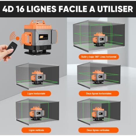 Niveau Laser Vert 4x360°, Ultrixe, 16 lignes 4D Laser Chantier Auto-nivelant avec Télécommande, 2 x Batteries rechargeables 2400 mAh, Supports, trépied pivotant, sac de transport antichute,Orange/Gris