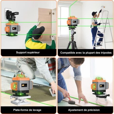 Niveau Laser Vert 4x360°, Ultrixe, 16 lignes 4D Laser Chantier Auto-nivelant avec Télécommande, 2 x Batteries rechargeables 2400 mAh, Supports, trépied pivotant, sac de transport antichute,Orange/Gris
