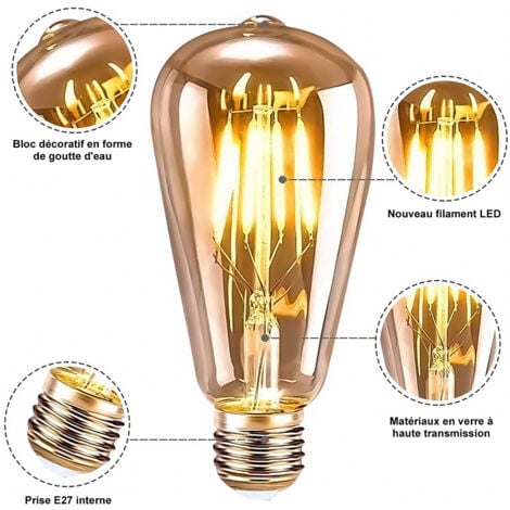 Ampoule E27 Vintage, Ultrixe 5 Pièces Ampoule Edison LED E27 ST64 Lampe Décorative Rétro Edison Ampoule Vintage Antique Lampe 2200K 8W Filament Blanc Chaud pour Restaurant Café Bar Ampoules à Incandes