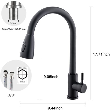 Robinet Cuisine Noir, Ultrixe Mitigeur Cuisine Douchette Evier Cuisine Pivotant à 360° d'Évier à Arc Élevé Pulvérisateur Escamotable 2 Modes, Robinet Evier Froid & Chaud Disponible, avec Tuyau