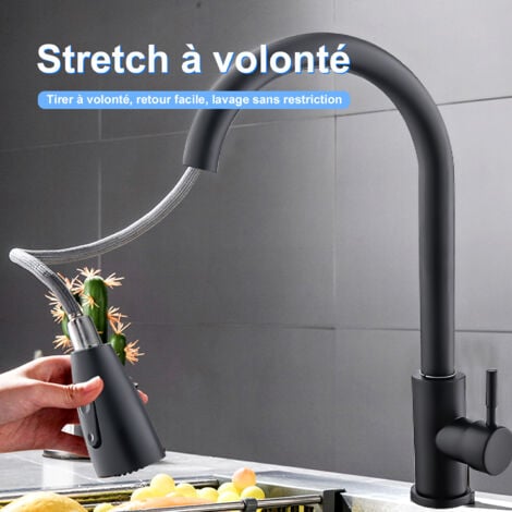 Robinet Cuisine Noir, Ultrixe Mitigeur Cuisine Douchette Evier Cuisine Pivotant à 360° d'Évier à Arc Élevé Pulvérisateur Escamotable 2 Modes, Robinet Evier Froid & Chaud Disponible, avec Tuyau