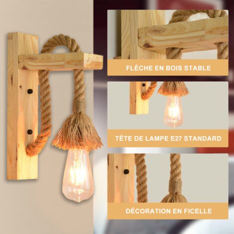 Appliques Murales Industrielles, Ultrixe Applique Décorative En Bois Corde De Chanvre Lampes Murales pour Café Hôtel Restaurant Luminaire E27 Base Edison ampoule, Lumière 2pcs Inclus