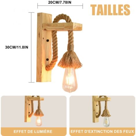 Appliques Murales Industrielles, Ultrixe Applique Décorative En Bois Corde De Chanvre Lampes Murales pour Café Hôtel Restaurant Luminaire E27 Base Edison ampoule, Lumière 2pcs Inclus