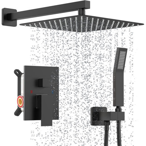 Sdlogal – Colonne de douche encastrée noire – Kit complet avec tête carrée 8 pouces – Acier inoxydable et laiton – Système de douche pluviale haute pression