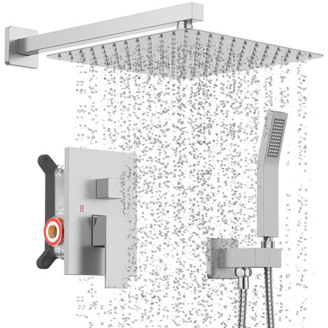 Colonne de Douche Encastrée, Ultrixe Kit de Douche Complet Encastré avec Tête de Douche Carrée 8,0 pouces, Laiton&Acier Inoxydable, Douchette, Ensemble Douche Encastrer - Argent