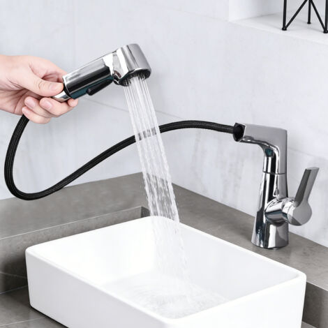 Mitigeur de lavabo Avec Douchette Extractible, Ultrixe Robinet de Salle de Bain Avec 2 Modes de Pulvérisation, Soulevable Robinet Lavabo, Adapté Pour Lavabos de Comptoir, Chaud et Froid, Argent