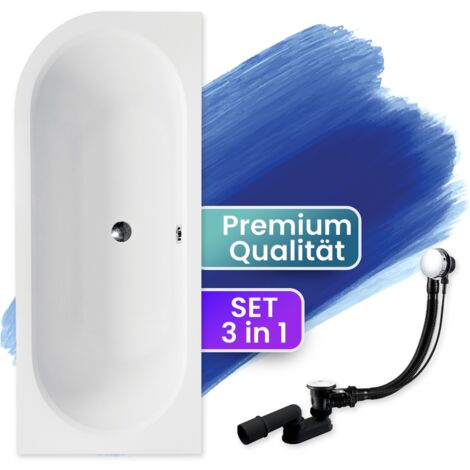 Badewanne Eckbadewanne 150x75 Rechts, Ablaufgarnitur & Füßen GRATIS - Komplettset 3in1 Original Acryl Wanne Premium Siphon - BADLAND AVITA