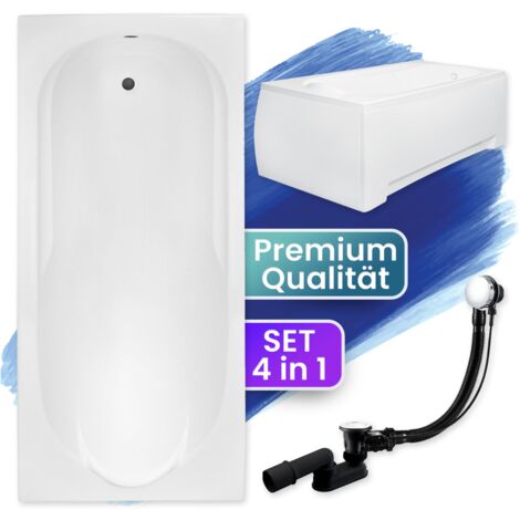 Badewanne Rechteck 170x70 mit AcrylSchürze, Ablaufgarnitur & Füßen GRATIS - Komplettset 4in1 Original Acryl Wanne Siphon - BADLAND BONA